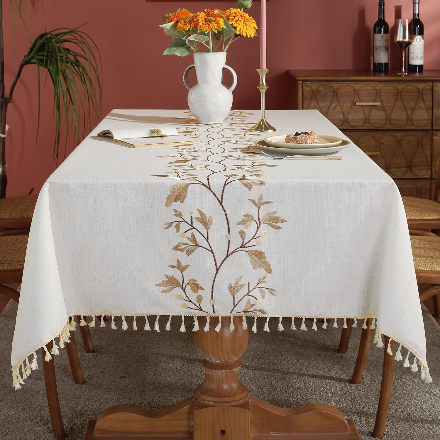 Waterproof Cotton Linen Tablecloth for Dining Table, 55x86 Inch, Beige