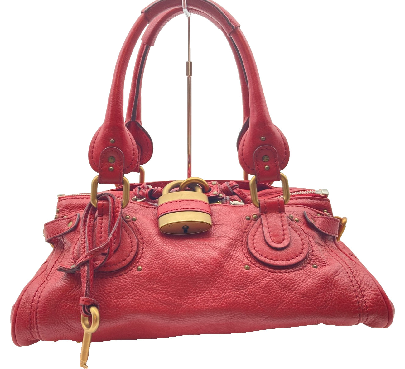Chloe Paddington Red Padlock Key Leather 36cm Authentic Hand Bag