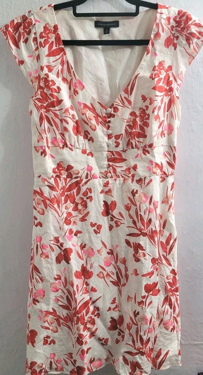 Banana Republic Linen Blend Floral Dress Size 8 Coral Pink Button Front  Smocked