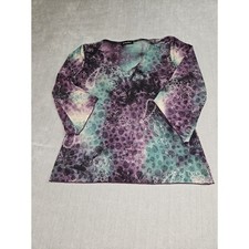 Brittany Black Womens Purple Teal Tie Dye Floral Glitter Top Size M Made in USA