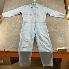 VINTAGE Key Coveralls Mens L Blue Herringbone Mechanic Long Sleeve Cotton 70s