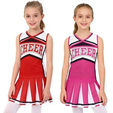 Kids Girls Cheer Leader Outfits Cheerleading Letter Print Top with Pleated Skirt