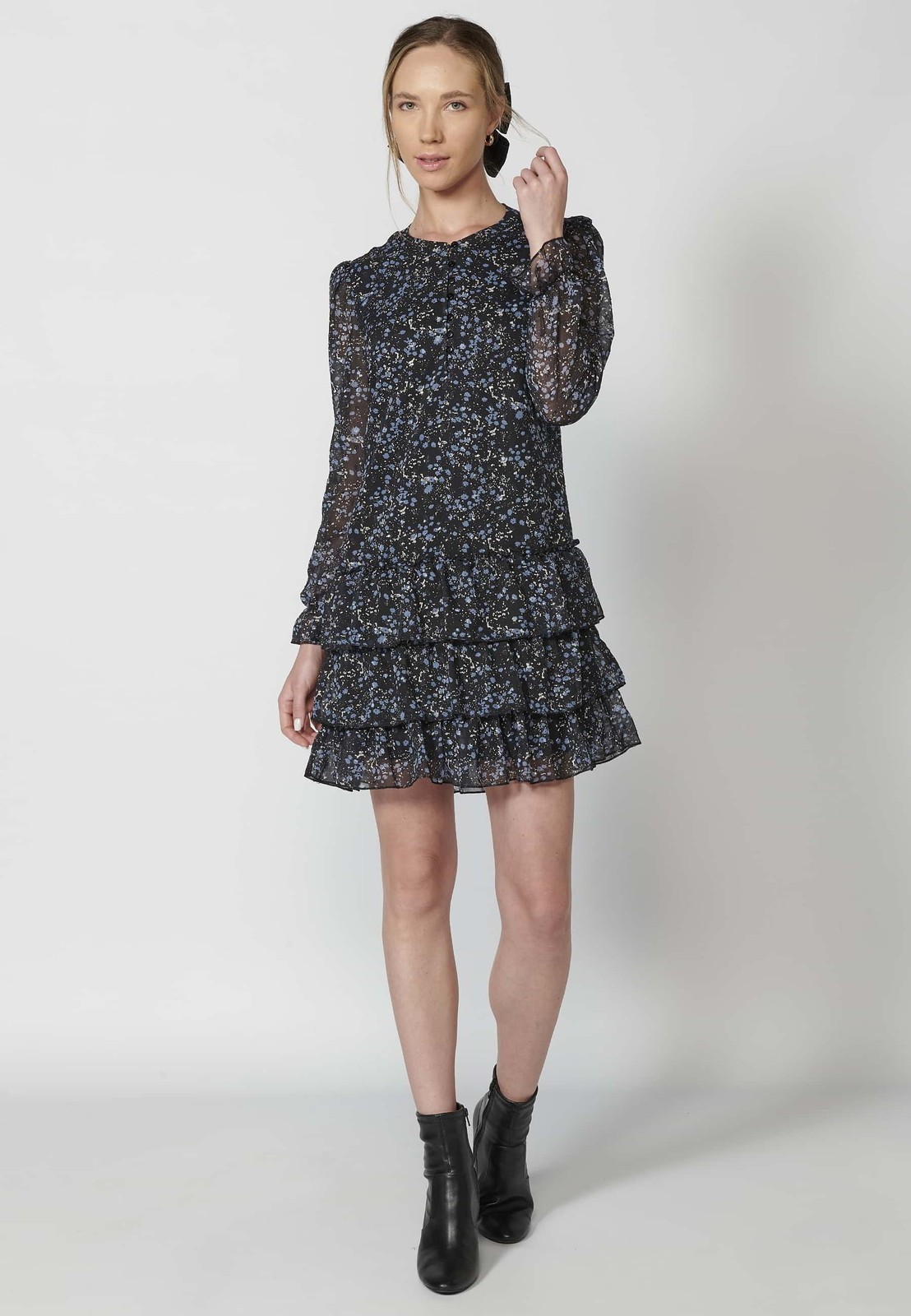 Vestido de manga larga estilo falda de volantes cuello redondo estampado Koroshi