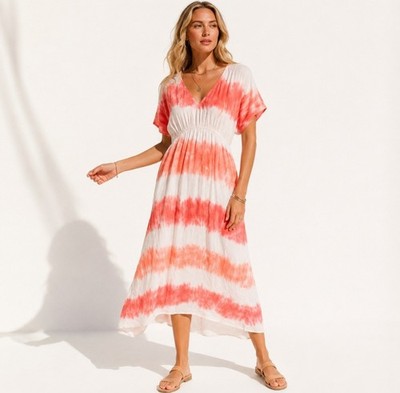 Knox Rose Coral Pink Tie Dye Maxi Dress XS Boho Linen Rayon Blend Summer Coastal