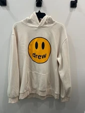 Drew Skate House Hoodie Cream Smiley Face, Unisex Large, Pullover Sweatshirt