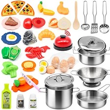 Kids Pretend Play Kitchen Accessories Set, 38Pcs Stainless Steel Play Pots Pa...