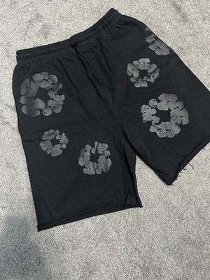 DENIM TEARS Black Floral Cotton Men's Sweat Shorts Drawstring