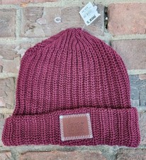 LOVE YOUR MELON Burgundy Cuffed OVERSIZED Beanie Hat, Brown Leather Patch, NEW 
