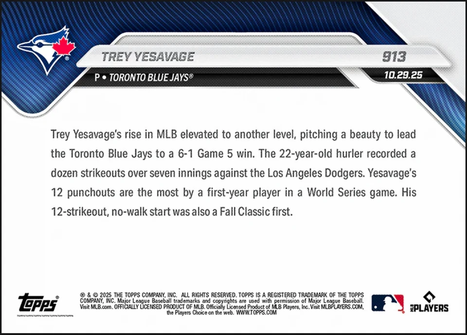 Trey Yesavage RECORD 12Ks - 2025 MLB Topps NOW® - Tarjeta 913 Blue Jays *PREVENTA* Foto 2 de 2