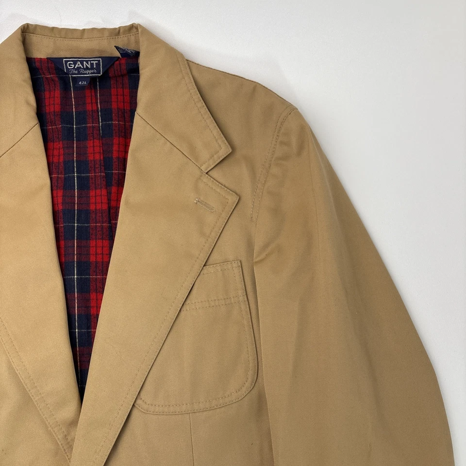 VTG Gant Rugger Blazer Jacket Plaid Flannel Lined Khaki Mens 42L - Image 3 of 4