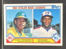 1983 TOPPS #704 1982 STOLEN LEADERS RICKEY HENDERSON TIM RAINES LEAGUE ATHLETICS