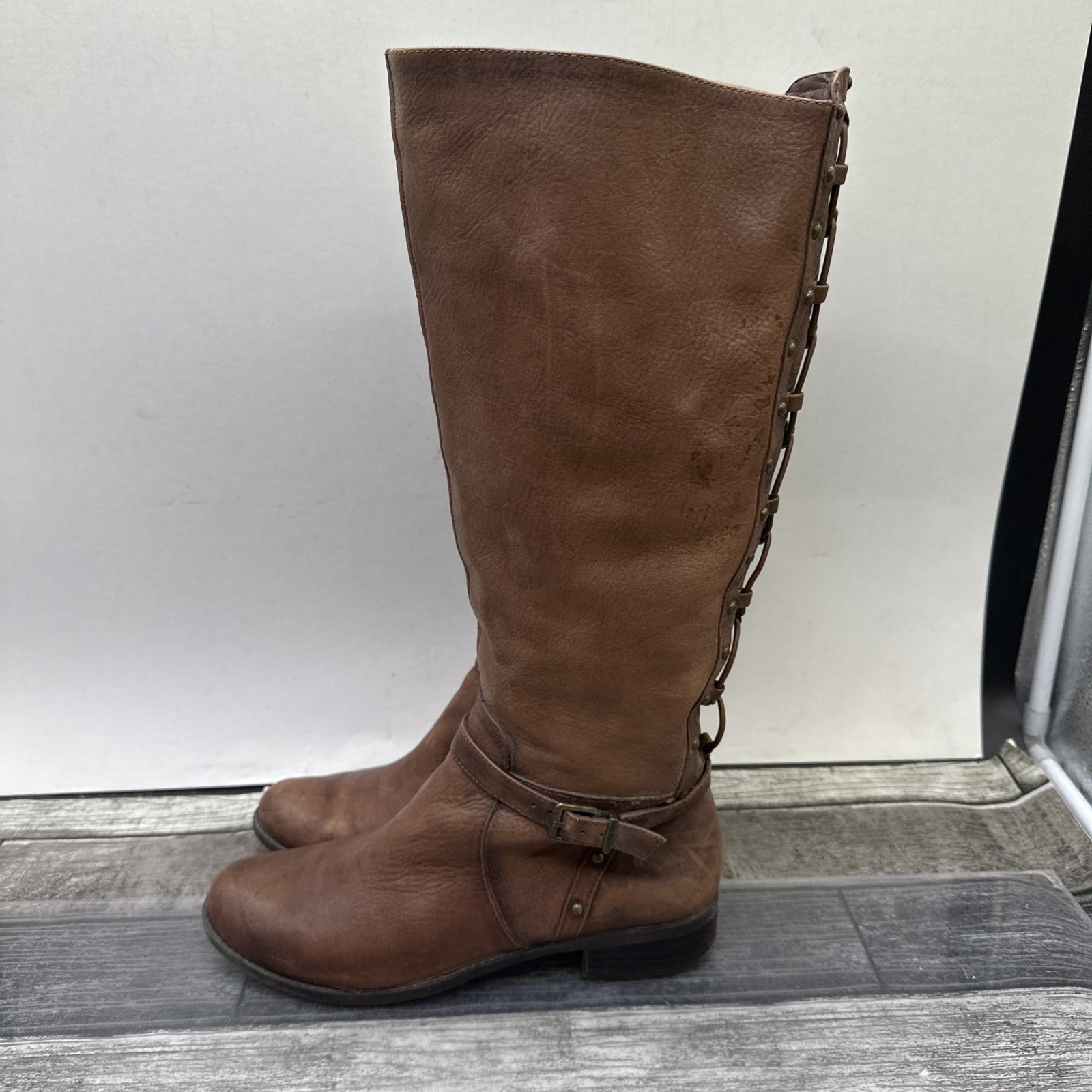 Gianni Bini Steampunk Boots Size 9M Mid Calf  Low Heel Brown Leather Wrap Strap