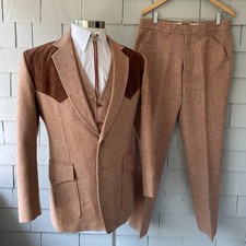 70  s Vintage Bespoke Rust Tweed and Suede Western Style Mens 3pc Suit Chest 44  
