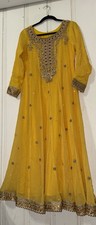 Anarkali Kurta Indian Pakistani Dress Gold Sz Med Large Embellished Yellow