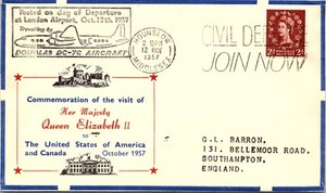 Queen Elizabeth II Oct 1957 Visit to the US & Canada Departure Day Cachet SC#295