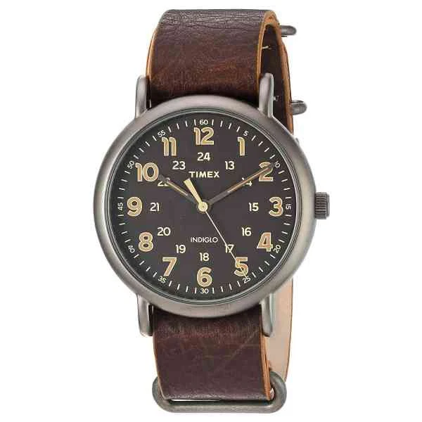 Reloj Indiglo Timex Weekender 40 para hombre tono titanio/marrón oscuro correa de cuero