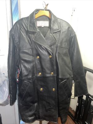 Unisex Vtg BRAEFAIR Black Lamb/Leather Double breasted Jacket Size L