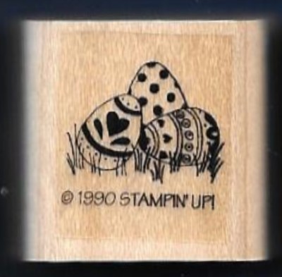 EASTER EGG HUNT GRASS Decorated small 1990 Stampin' Up! wood mount RUBBER STAMP