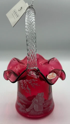 Fenton Mary Gregory Cranberry Bird Watchers Basket HP by C Giffiths Ltd Edition