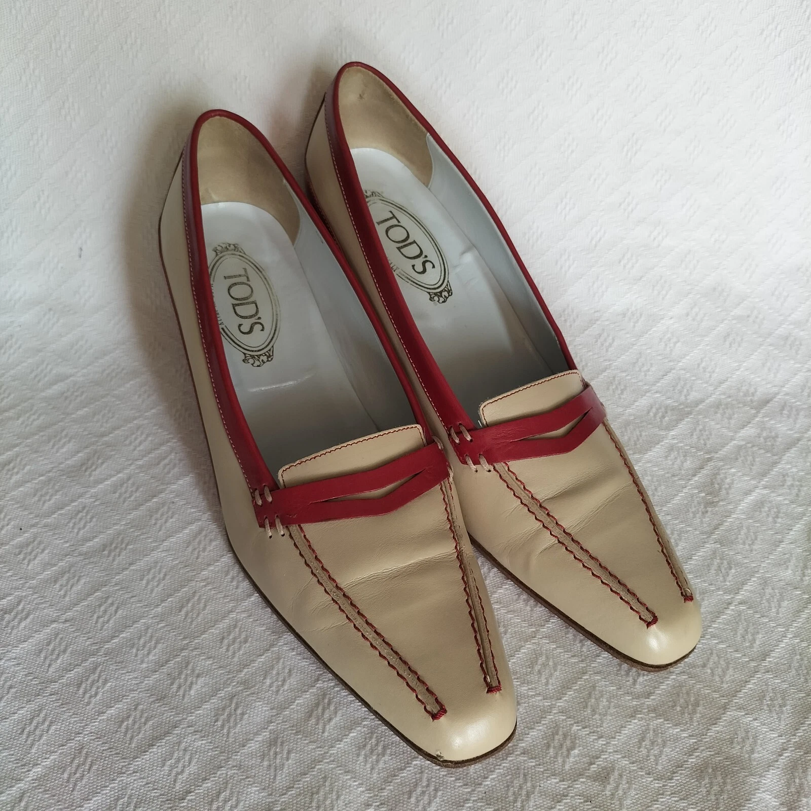 TOD’S Tod's cream and red leather heeled loafers EU 40 
