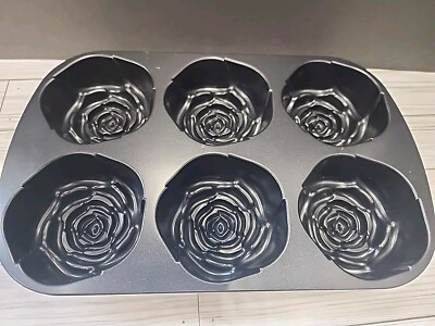 Nordic Ware Rose Bud Cake Muffin Pan Black Mold 6 Cup Heavy Cast Aluminum USA 