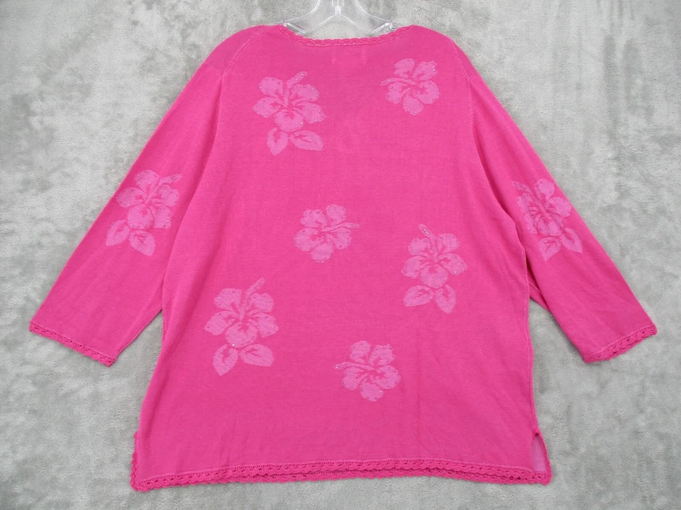 Quacker Factory Sweater 1X Tropical Silk Blend Floral Beaded Art to Wear Knit - Image 2 of 4