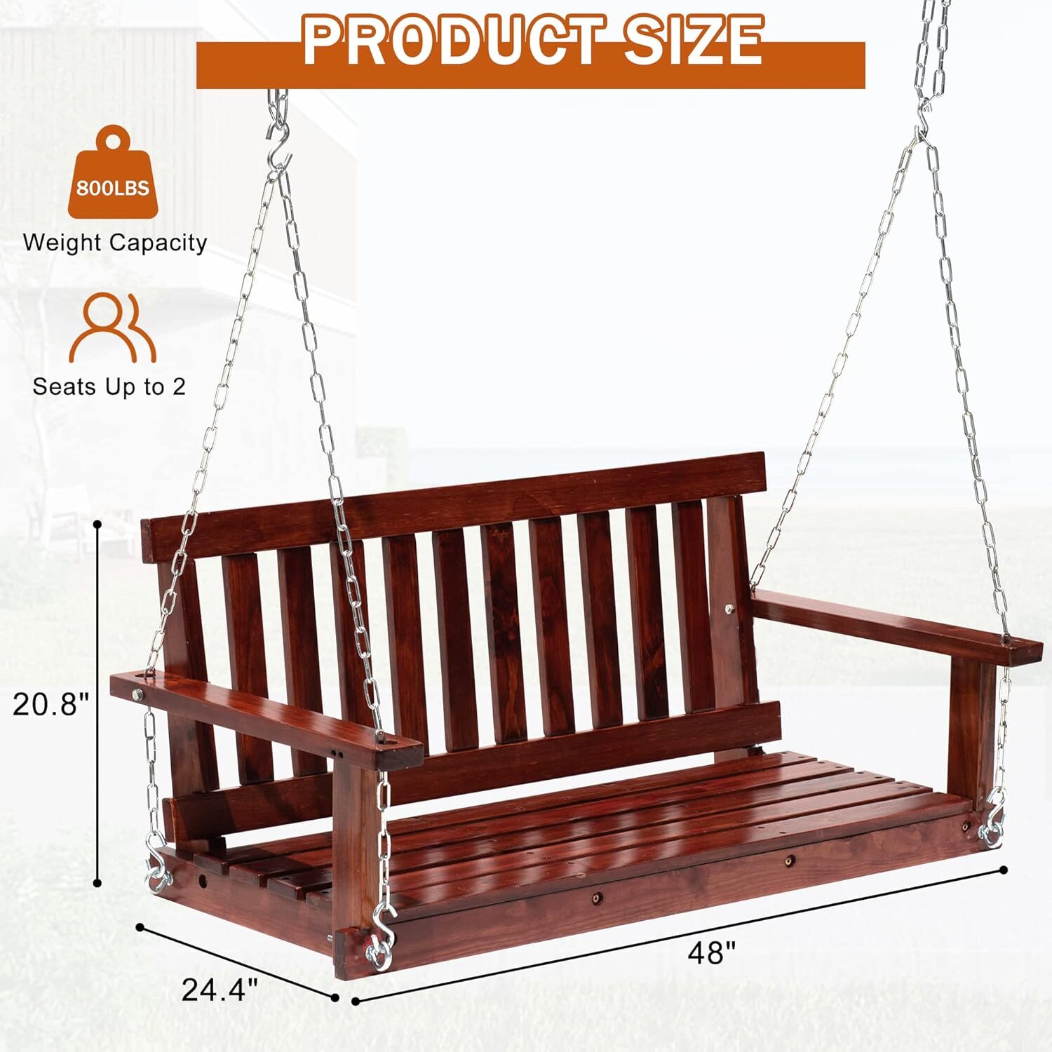 Wooden Porch Swing 800lb Weight Capacity Outdoor Swing Bench w/Hanging Chains