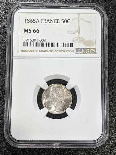 1865 A MS66 France Silver 50 Centimes KM 814.1 NGC 1 graded higher RARE GRADE!
