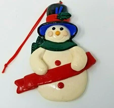 Christmas Ornament Snowman Black Blue Hat Green Scarf Red Banner Vintage 