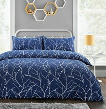 Image of Reversible Blue Branches Twigs Floral Duvet Cover Pillowcase Bedding Set 