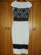 STUNNING IVORY WIGGLE DRESS,BLACK LACE/VOILE TRIMMED,SQUARE NECKLINE,SIZE 10,NEW