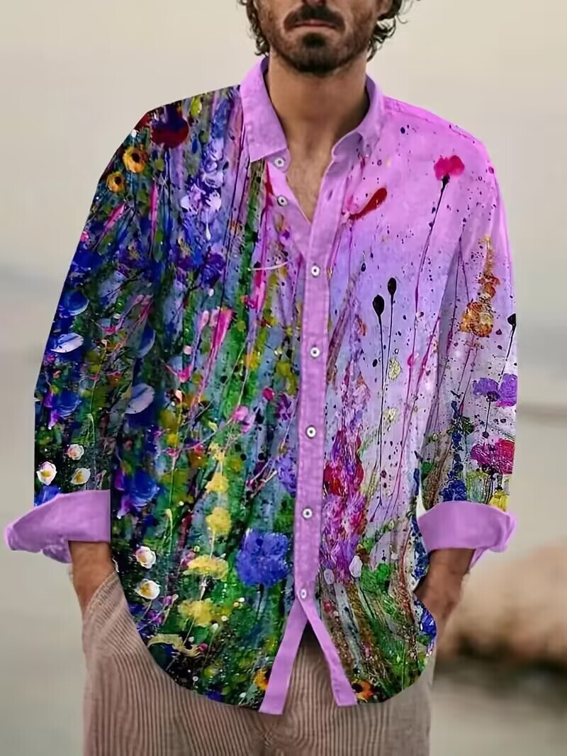 Camisa abotonada estampado flores salpicaduras arte vestido morado rosa fiesta