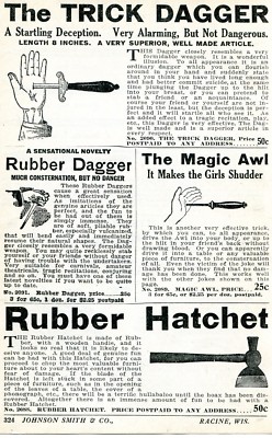1926 Print Ad of Rubber Hatchet & Dagger, Trick Dagger, Magic Awl girls shudder
