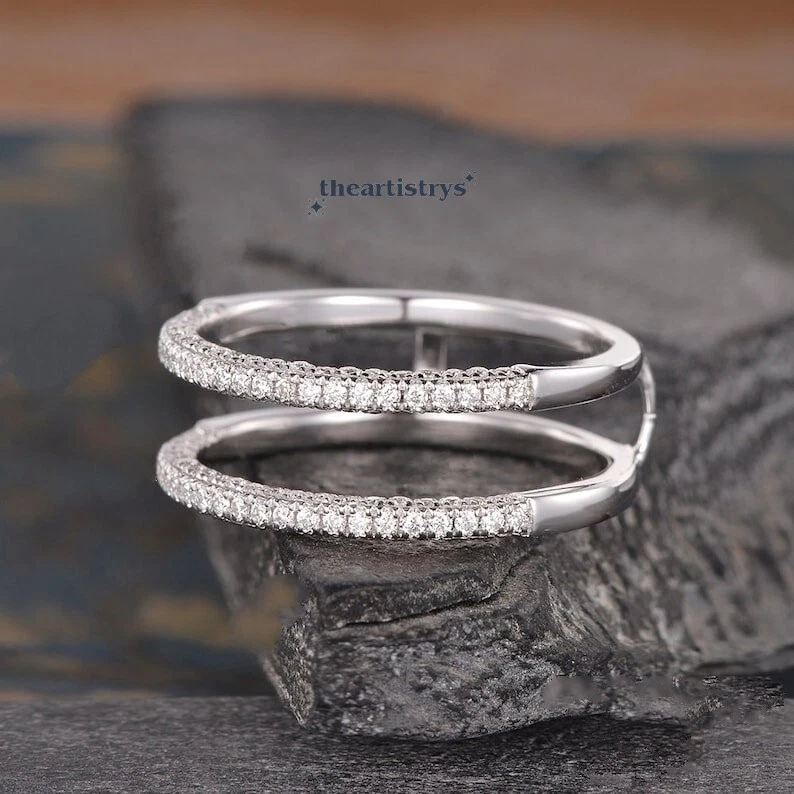 Moissanite Enhancer Guard Wedding Band 0.80 Carat Round Cut Solid 14K White Gold - Image 4 of 4