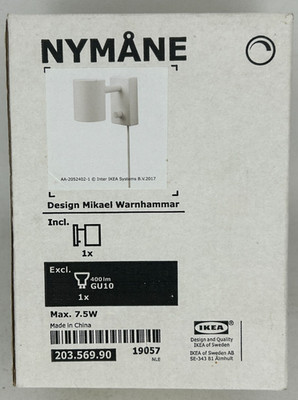 Ikea NYMANE Wall/reading lamp, white - NEW IN BOX 7.5 Watt Max #19057