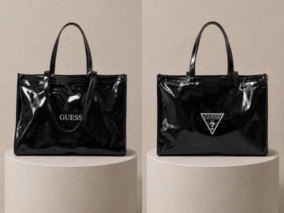GUESS Black Glossy Tote Bag Large Shopper Shoulder Bag Minimalist