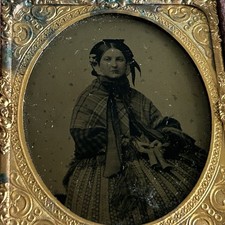 Civil War Era Tintype Portrait Woman Case Plaid Shawl Bonnet Hoop Skirt Gloves
