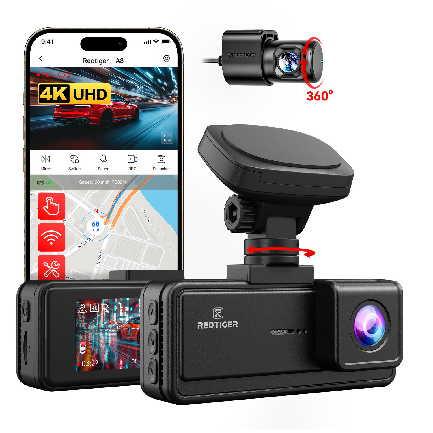 REDTIGER A8 4K Dash Cam Front and Rear,Touch Screen,Loop Recording
