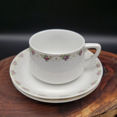 Weimar Germany Teacup Saucer Set Pink Floral Garland Gold Trim 3pc
