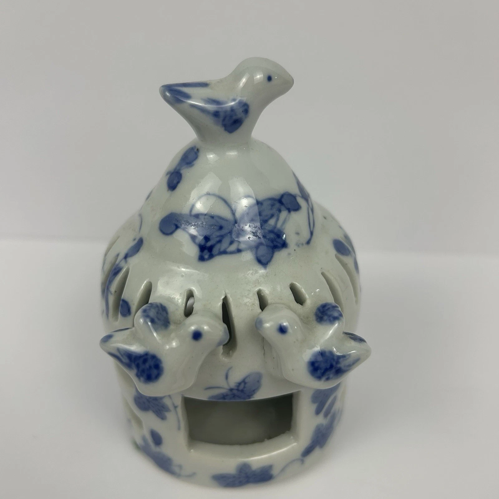 Asian Blue And White Ceramic Porcelain Hanging Bird Cage Incense Burner