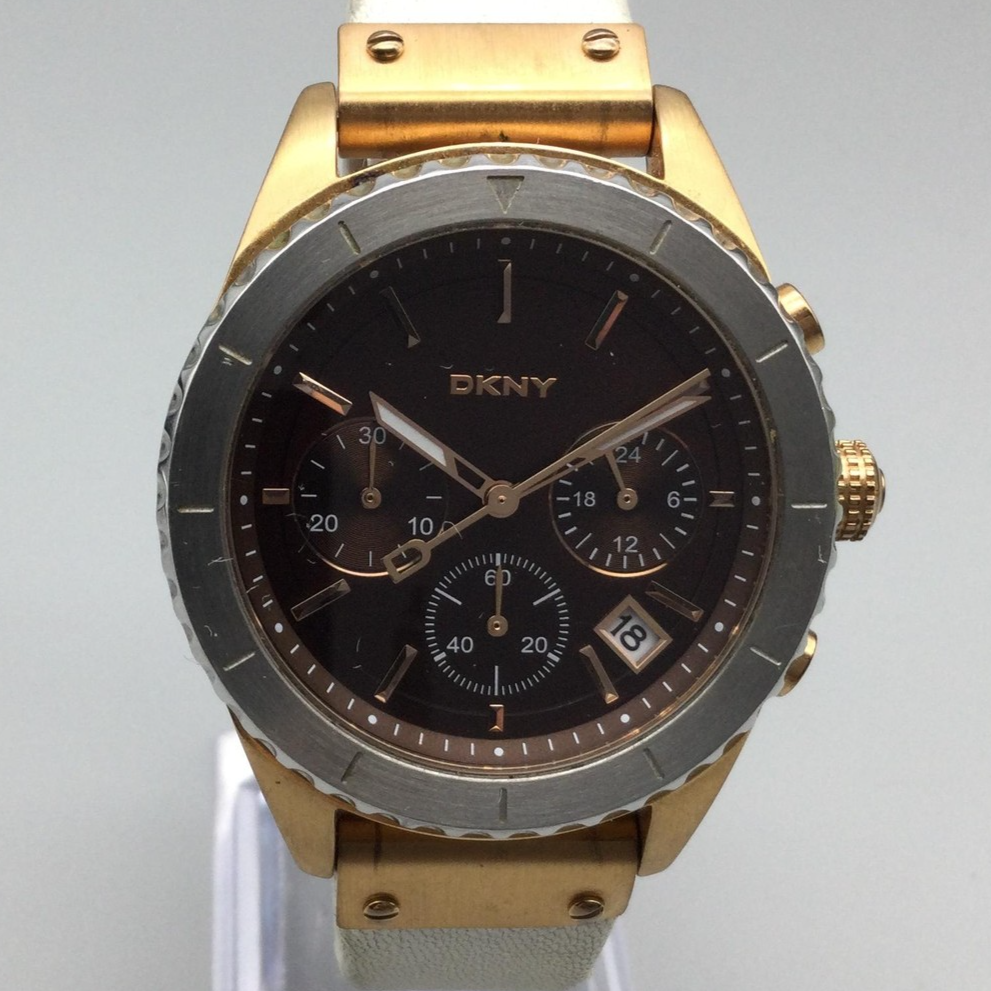 DKNY Watch Womens 38mm Gold Tone Chronograph Brown Leather Strap