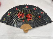 Vintage Black Lacquer Floral Red Roses Folding Hand Fan Wood Fabric Hand Painted