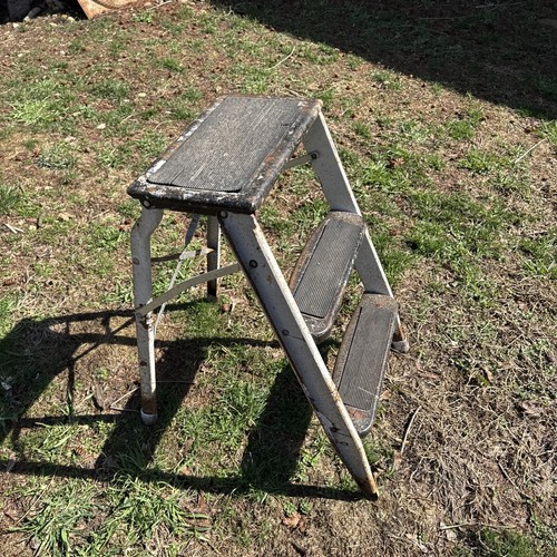 Vintage 23 “ Two Step Folding Metal Step Ladder Wooden Rustic Farm Stool