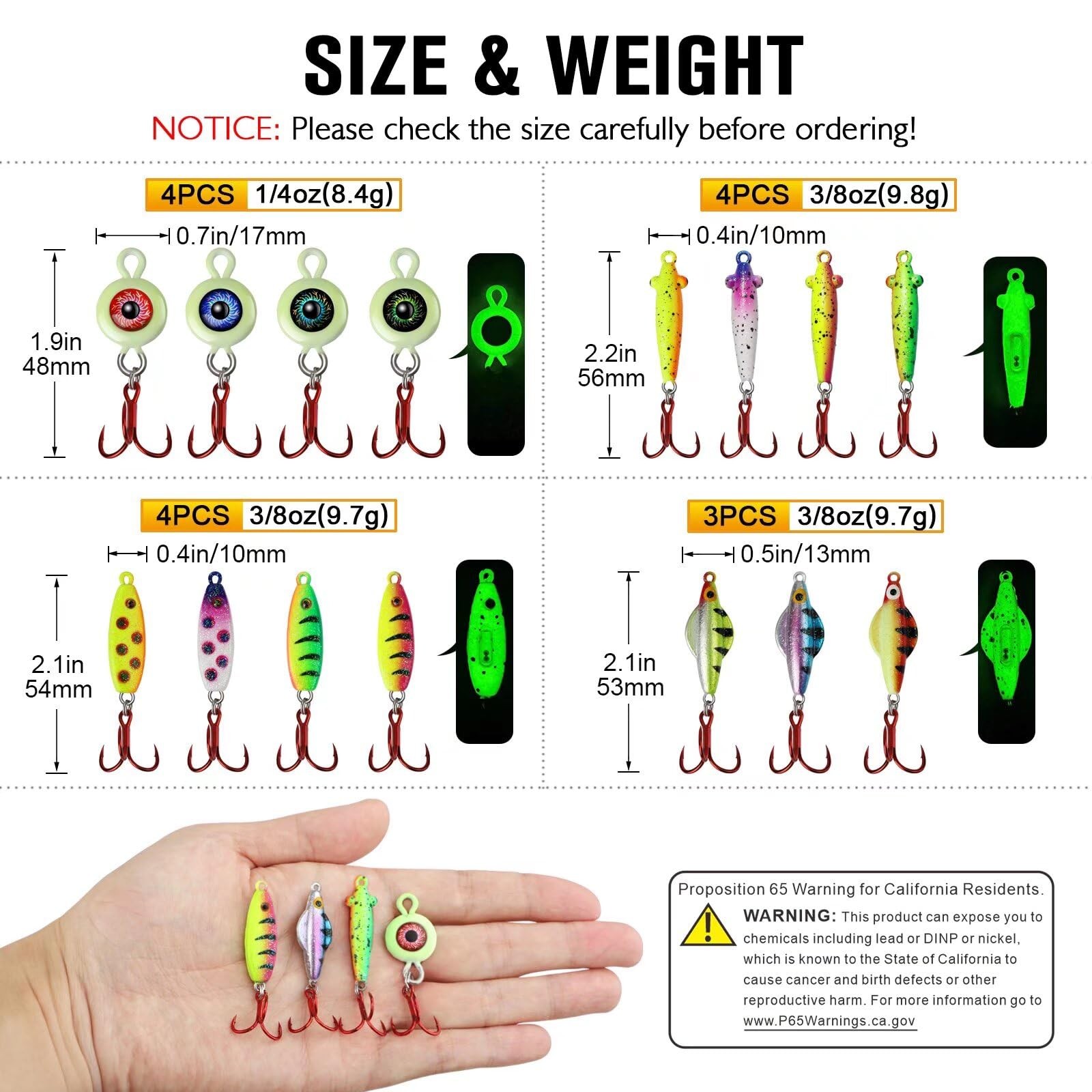 15PCS Rattling Glow Ice Fishing Spoons Kit for Bass, Crappie, Panfish, Perch,... - Image 6