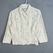 Cabi Womens Size Medium White Floral Lace Button-Down Jacket 3/4 Sleeves