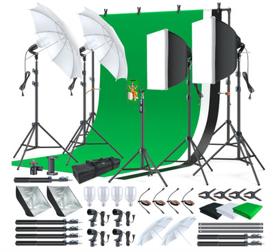 Kit Profesional Estudio Fotografía y Video con 3 Fondos Negro Blanco Verde