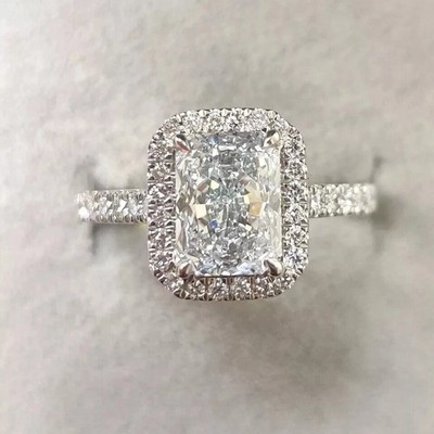 10x8MM Radiant Cut VVS1 Moissanite Halo Engagement Ring 14K White Gold Plated