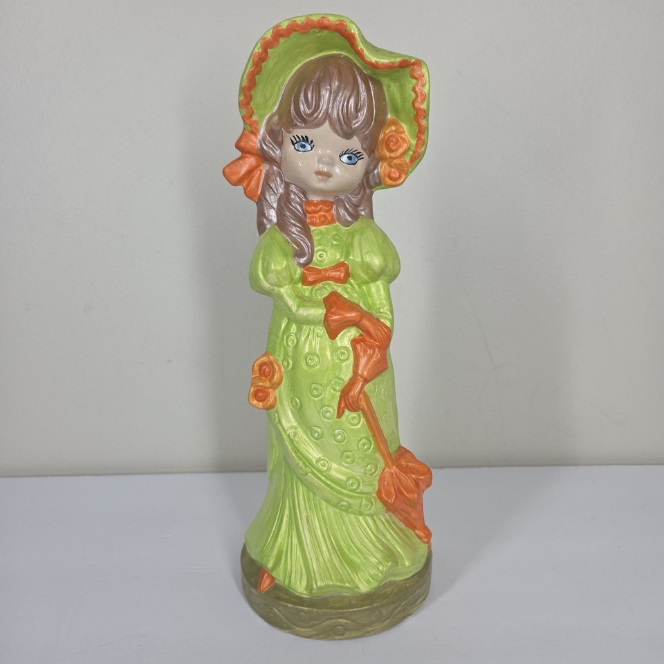 Vtg 70s Hand Painted Big Eye Girl Ceramic Figure Orange Green Kitsch Retro