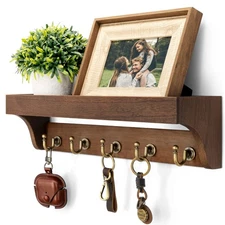 Farmhouse Key Holder for Wall - Decorative Wooden Mail Organizer with 5 Rusti...