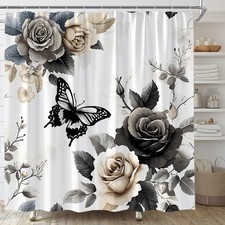 Black and Grey Floral Shower Curtain Rose Flower Butterfly Watercolor Peony B...